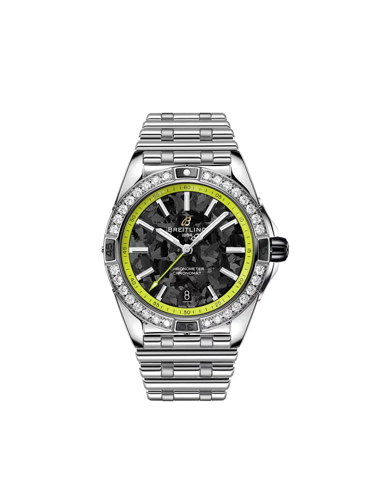 Breitling Super Chronomat Automatic 38 Aston Martin Valhalla with diamond-set bezel and Rouleaux bracelet