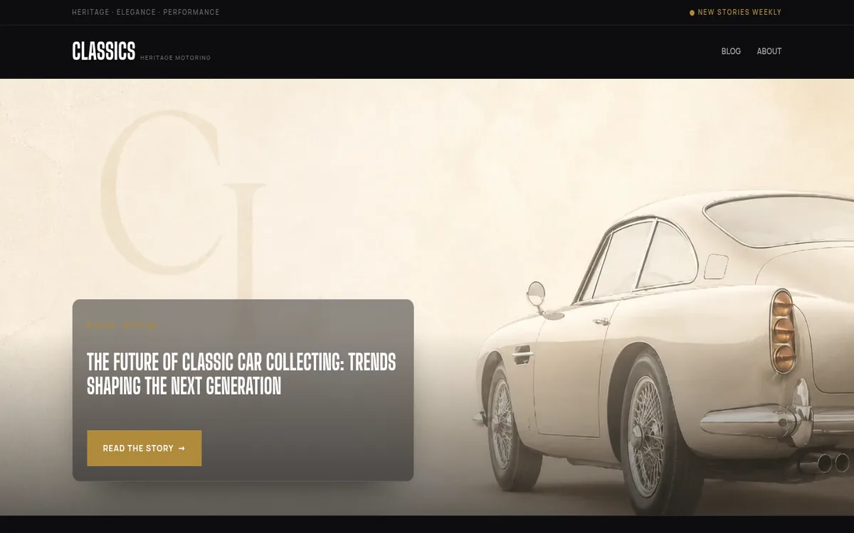 Home page of Classics Lifestyle with a silver classic car