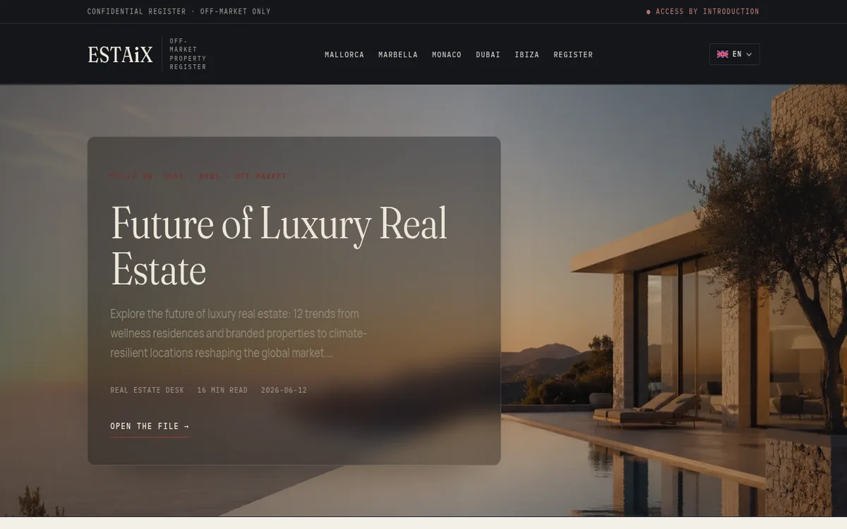 Home page of ESTAiX with a modern villa at dusk