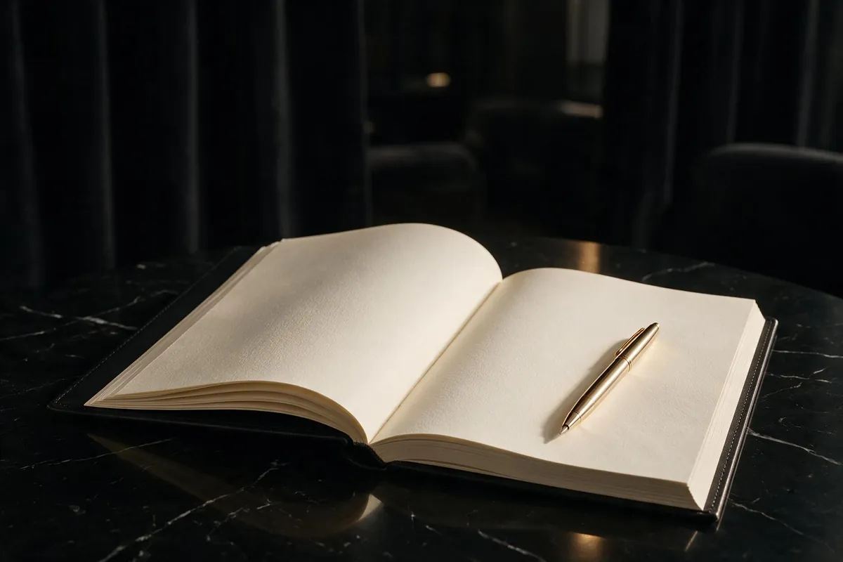 Open book with a gold pen on black marble — the Laxary brand world